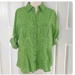 Cold water Creek Womens Shirt M Green Polka Dot Button Up Roll Tab Sleeve